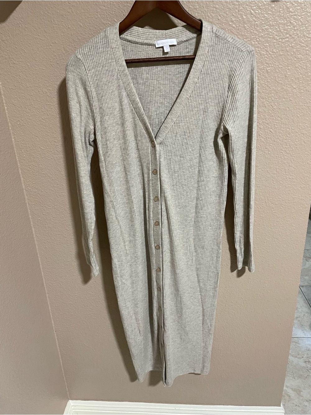 Beyond Yoga Long Ribbed Button-Front Dress in Light Taupe